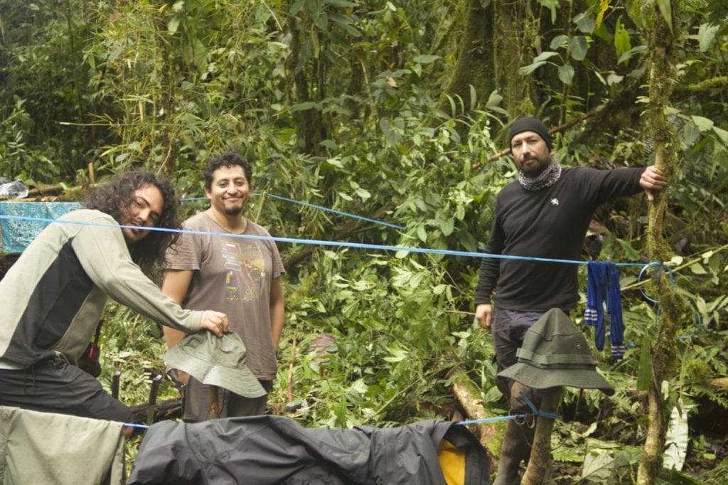 Three leading Peruvian herpetologists at Camp 2, from left to right, Giussepe Gagliardi, Roberto Gutierrez, and Juan Carlos Chaparro. (Photo Santiago Castroviejo).