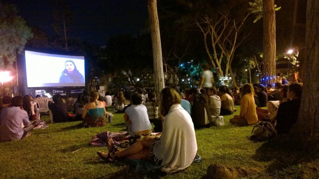 A large crowd meets at night a park of Lima to watch marine biology and and conservation documentaries during an open event of the 36th Annual Symposium on Sea Turtle Biology and Conservation (Photo: Juan C. Chaparro).