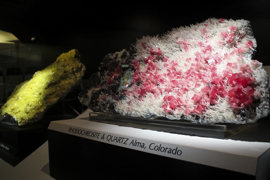 Rhodochrosite and quartz on display in Hillman Hall