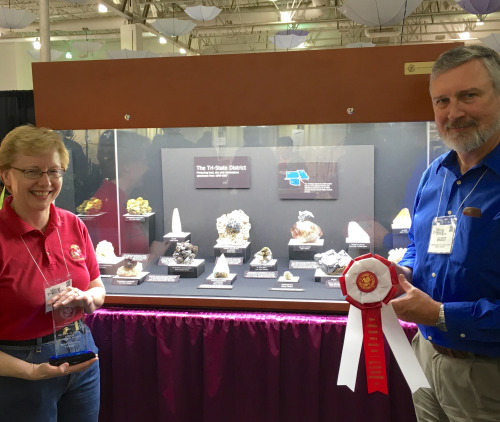 Marc and Deb Wilson standing with their award in front of a mineral display