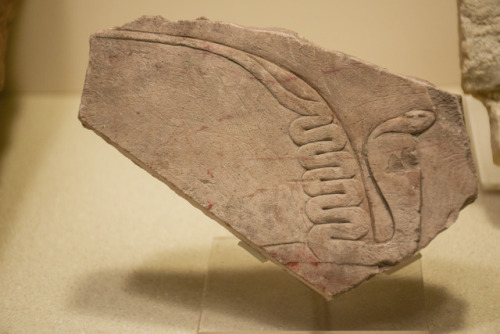a cobra carved into a painted sheet of limestone