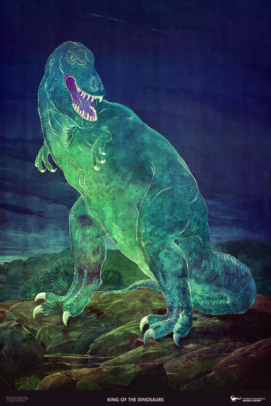 painted mural of a T. Rex dinosaur in blues and greens