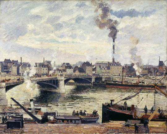 oil painting of a bridge over a river and several barges