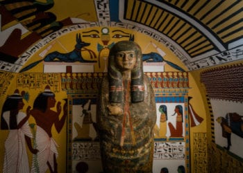 ornate Egyptian coffin on display at the museum