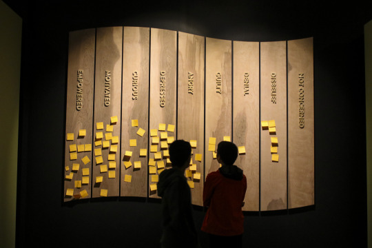 visitors looking at a wall of sticky notes