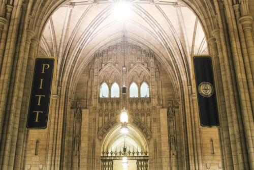 inside the cathedral decorated with PITT banners