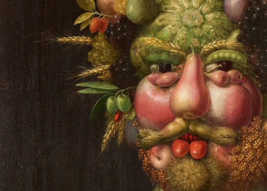 Detail of Vertumnus, by Mannerist painter Giuseppe Arcimboldo produced in Milan c. 1590. Arcimboldo’s most famous work, it depicts the Holy Roman Emperor Rudolf II as Vertumnus, the Roman god of the seasons, transformation and abundance.