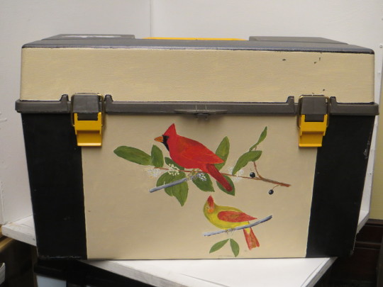 tool box with painted cardinals