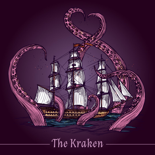 drawing of a kraken devouring a sailing ship