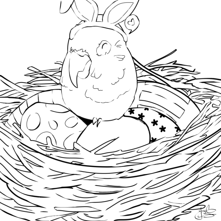 drawing of a bird with rabbit ears sitting on a nest of easter eggs