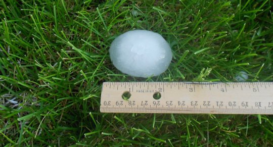 two-inch piece of hail next to ruler in the grass