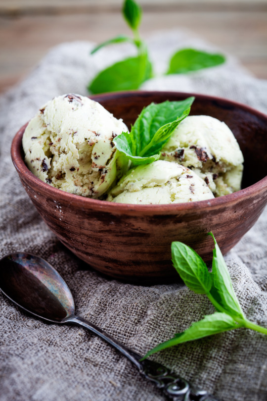 bowl of mint chocolate chip ice cream with mint leaves and spoon