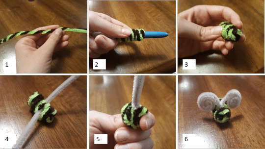step by step photos of creating a bee from pipe cleaners