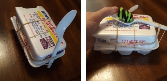 photo of catapult made from egg carton, plastic spoon, and rubber bands