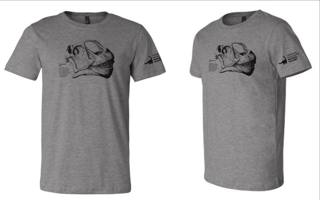 two gray t-shirts with camarasaurus fossil skulls on them