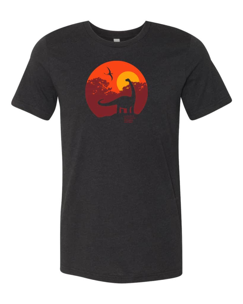 Diplodocus dinosaur at sunset with a pterosaur on a black t-shirt