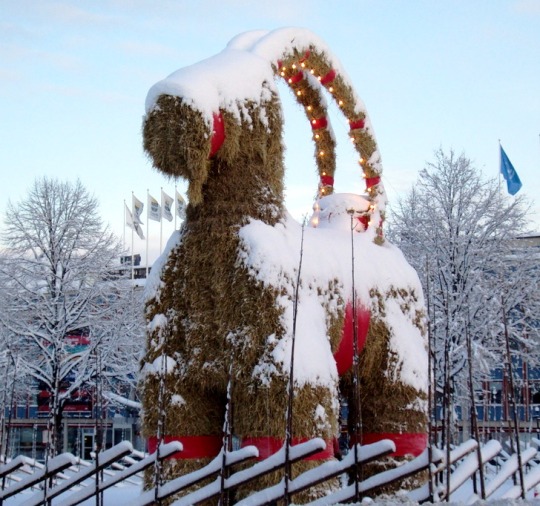 giant yule goat statue covered in snow