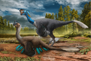 color illustration of Oviraptorid dinosaurs protecting a nest