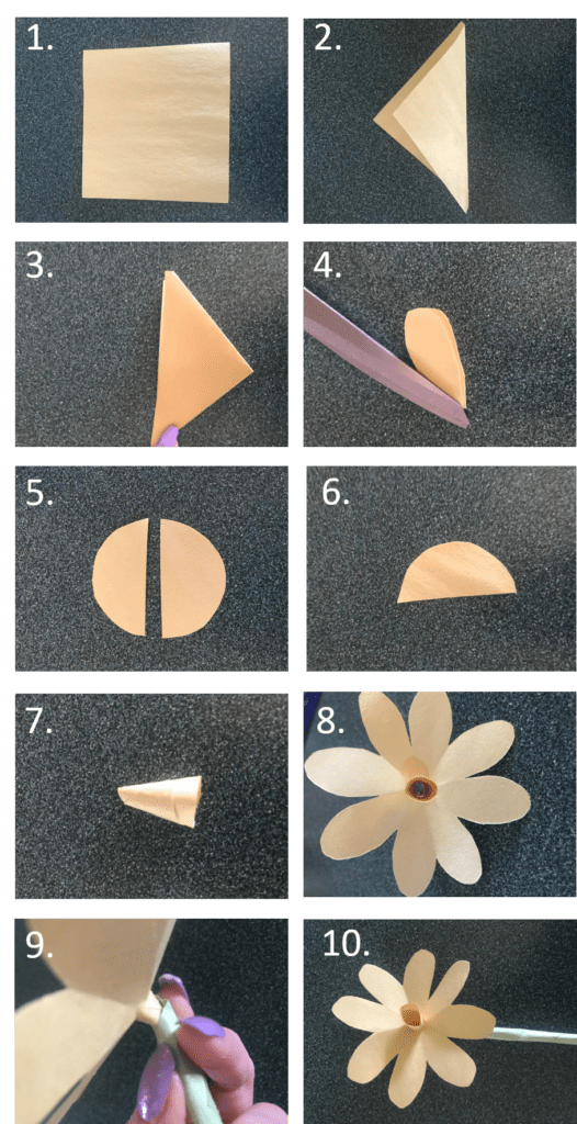 steps to make a paper daffodil including folding and cutting paper shapes