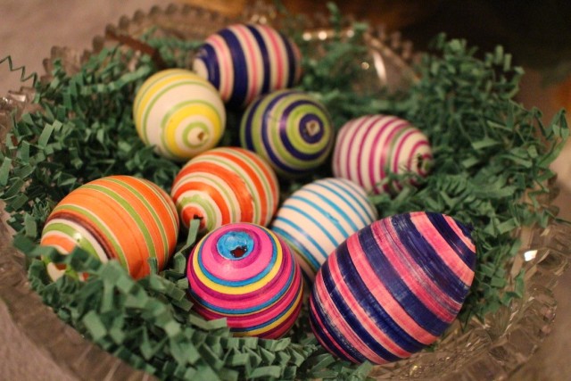 bowl of eggs decorated with stripes