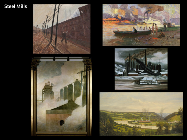 Collage of five illustrations of steel mills
