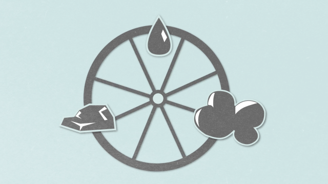illustration of wheel with three images on the edges: a drop of oil, a cloud, and a lump of coal. 