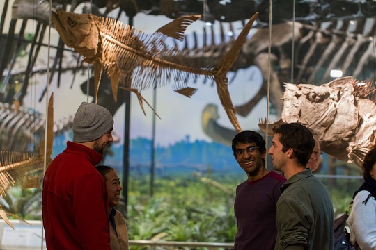 adults hanging out in exhibition laughing