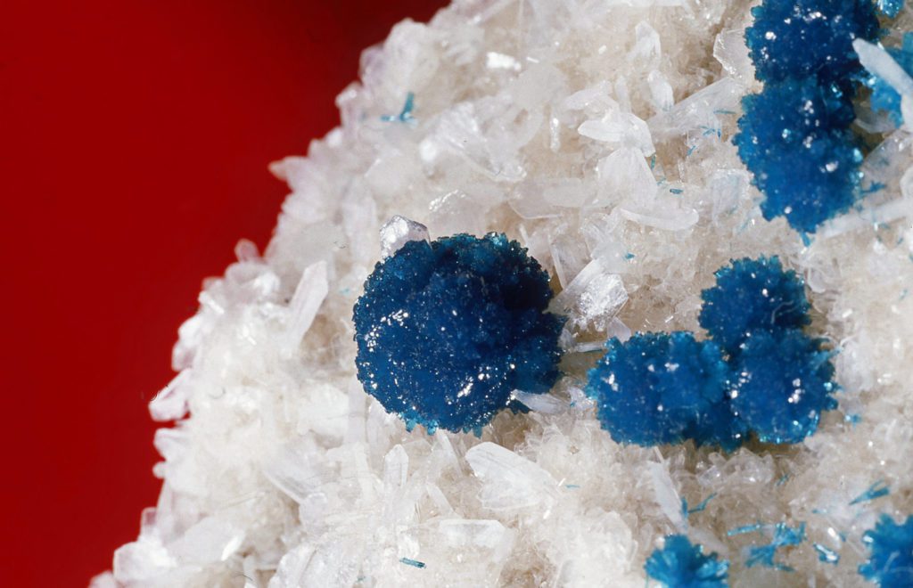 blue and white mineral specimen with red background