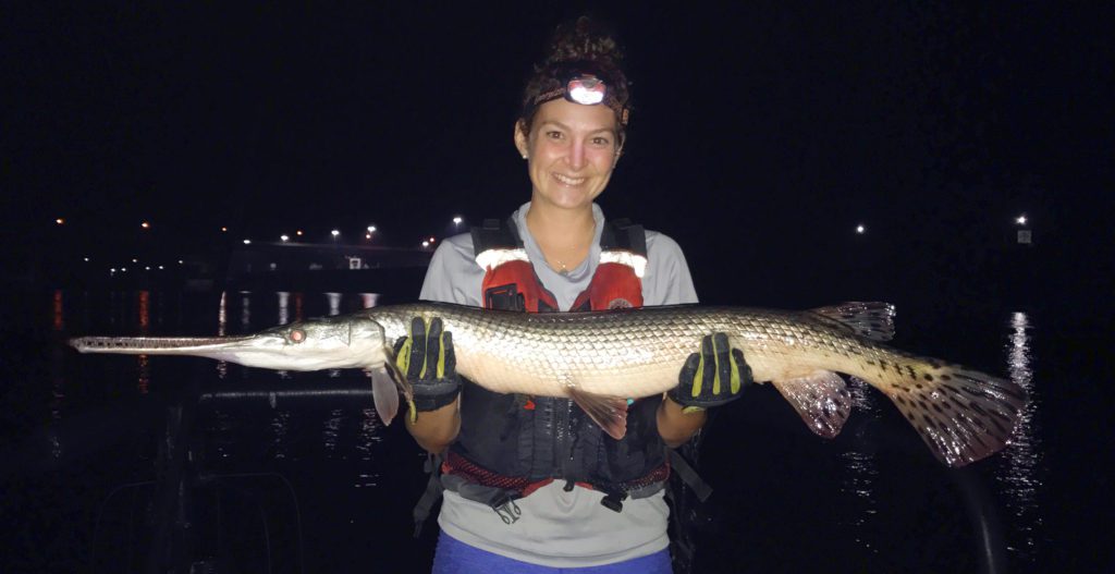 person holding a large fish at night