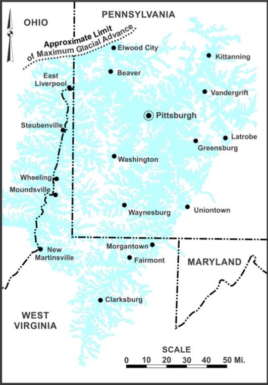 Fig. 6: Reconstruction of Lake Monongahela (blue) of the tri-state area with modern towns and state boundaries for reference.