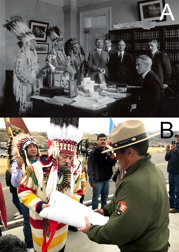 Top image is a historic black and white photo showing three Blackfeet leaders traditionally dressed including feathered headdresses and four white men standing around the desk of Stephen Mather, seated. Bottom image is a color photo showing Chief Grier in traditional dress handing a document to a man dressed in national park uniform and ranger hat with men standing behind Chief Grier, including Lee Juan Tyler wearing a traditional feathered headdress. This photo takes place outdoors with Yellowstone National Park in the background.
