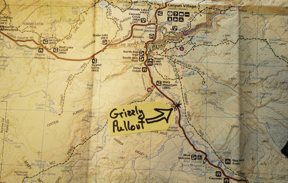 Map of Yellowstone National Park with Grizzly Pullout marked with large handwritten letters and an arrow. 