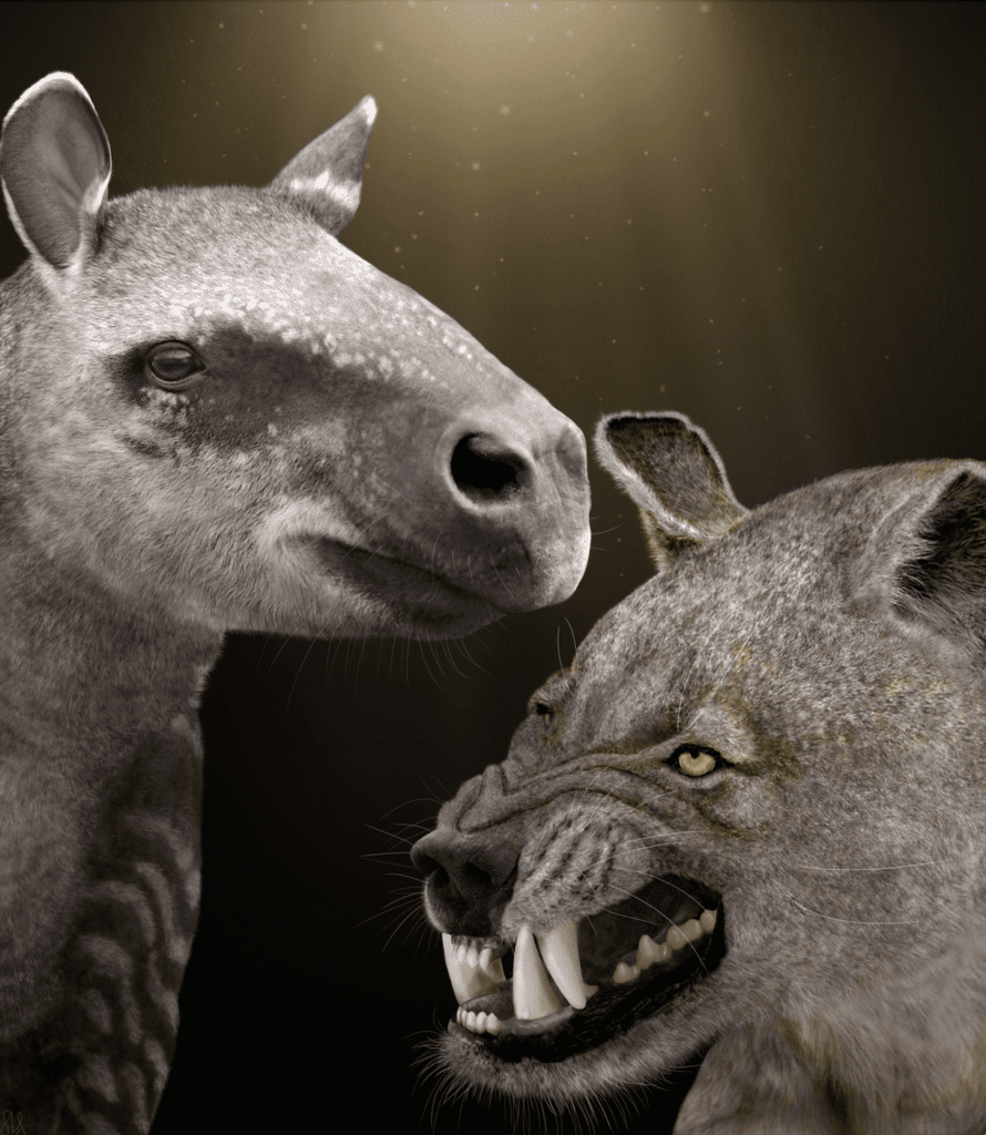 Illustration of two prehistoric mammals. 