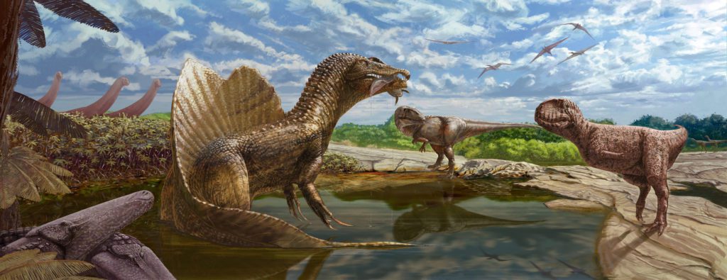 Illustration of dinosaurs in a desert oasis