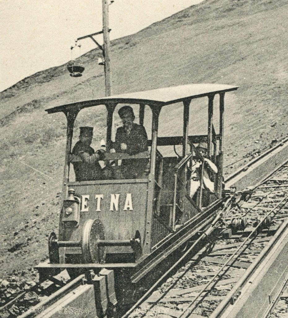 Black and white image of a funicular car named Etna. 