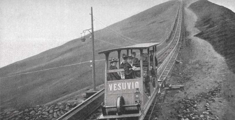 Black and white image of a funicular car named Vesuvio.