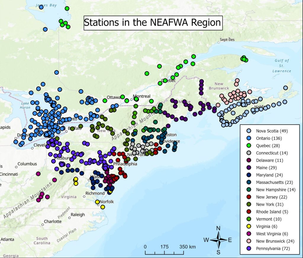 Map of northeastern US and southeastern Canada with dots representing Motus stations in the Northeast Association of Fish and Wildlife Agencies region