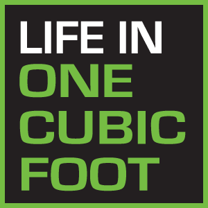 Life in One Cubic Foot logo, white and green letters in a green box on black bg