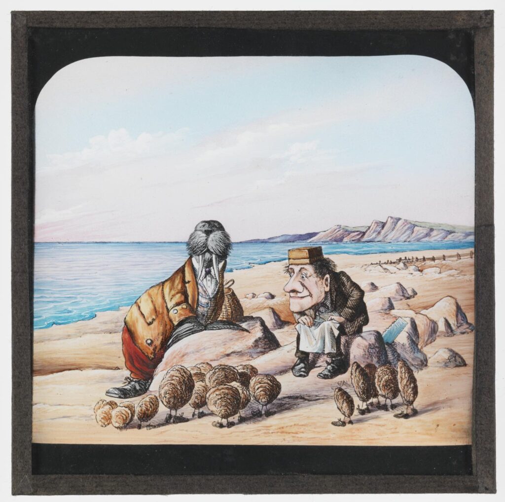 illustration of a walrus and a person on a beach looking at oysters with feet
