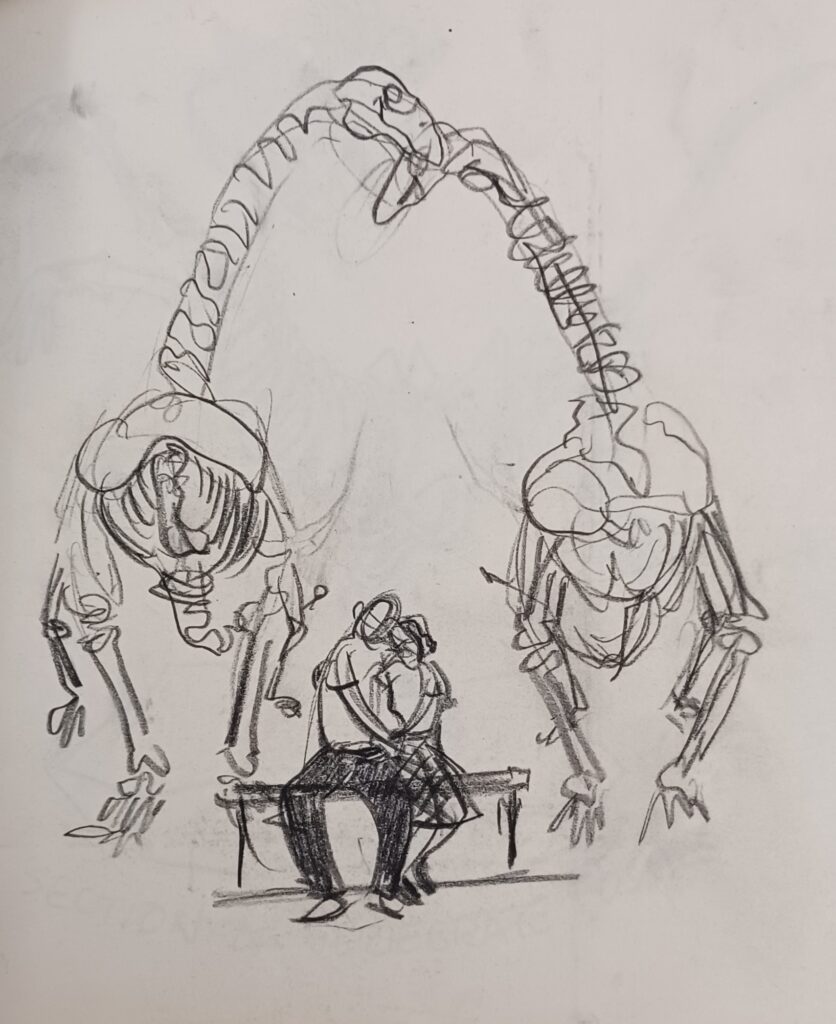 charcoal sketch of two people in front of two sauropod dinosaur fossil skeletons