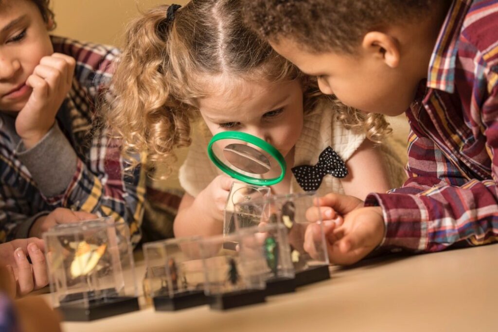 children gathered looking at specimens