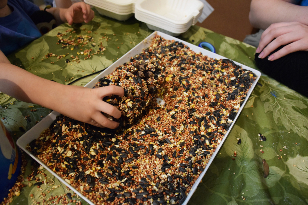 closeup of making a pinecone bird feeder