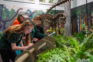 teens looking at dinosaur bones